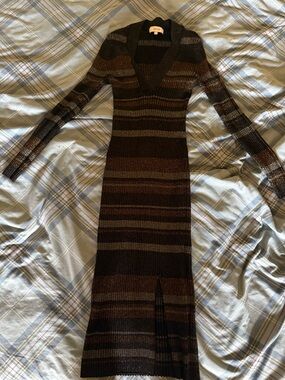 Reiss Olive, Brown & Black Striped Knit Midi Dress